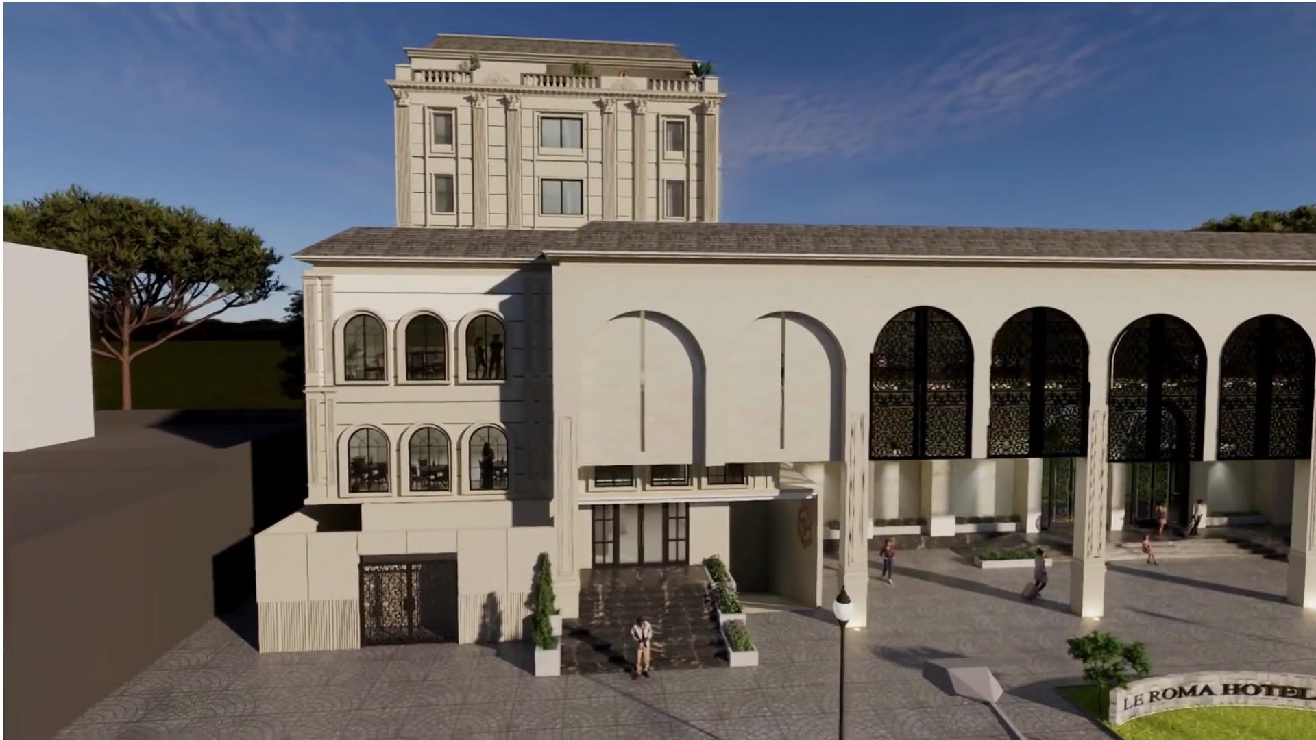 Aerial view of Le Roma Grandeur building and colonnade