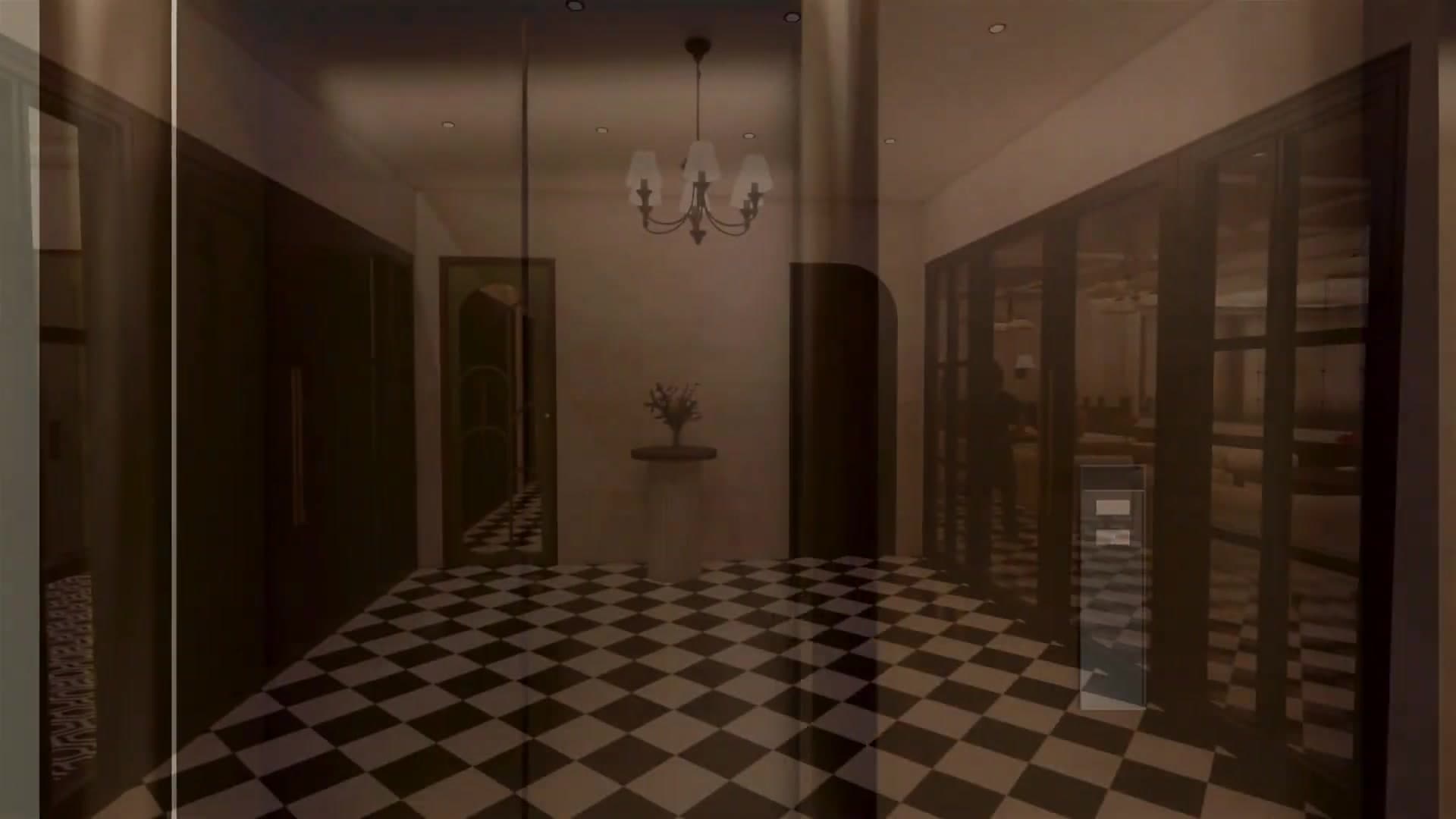 Grand corridor with chandelier and checkered marble floor