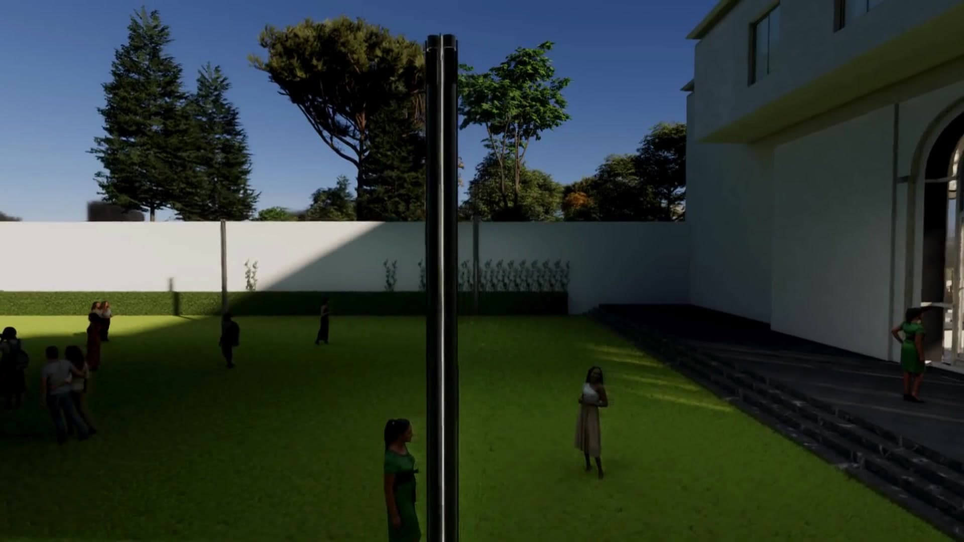 Poolside lawns with building and landscaped gardens