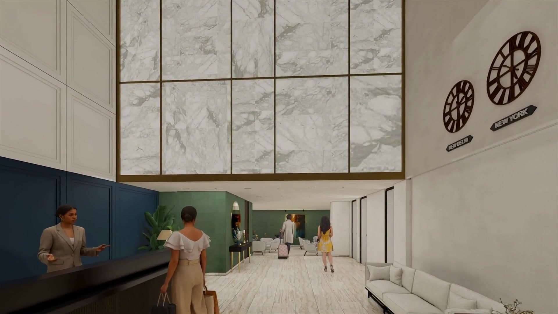 Reception lobby with marble feature wall and world clocks