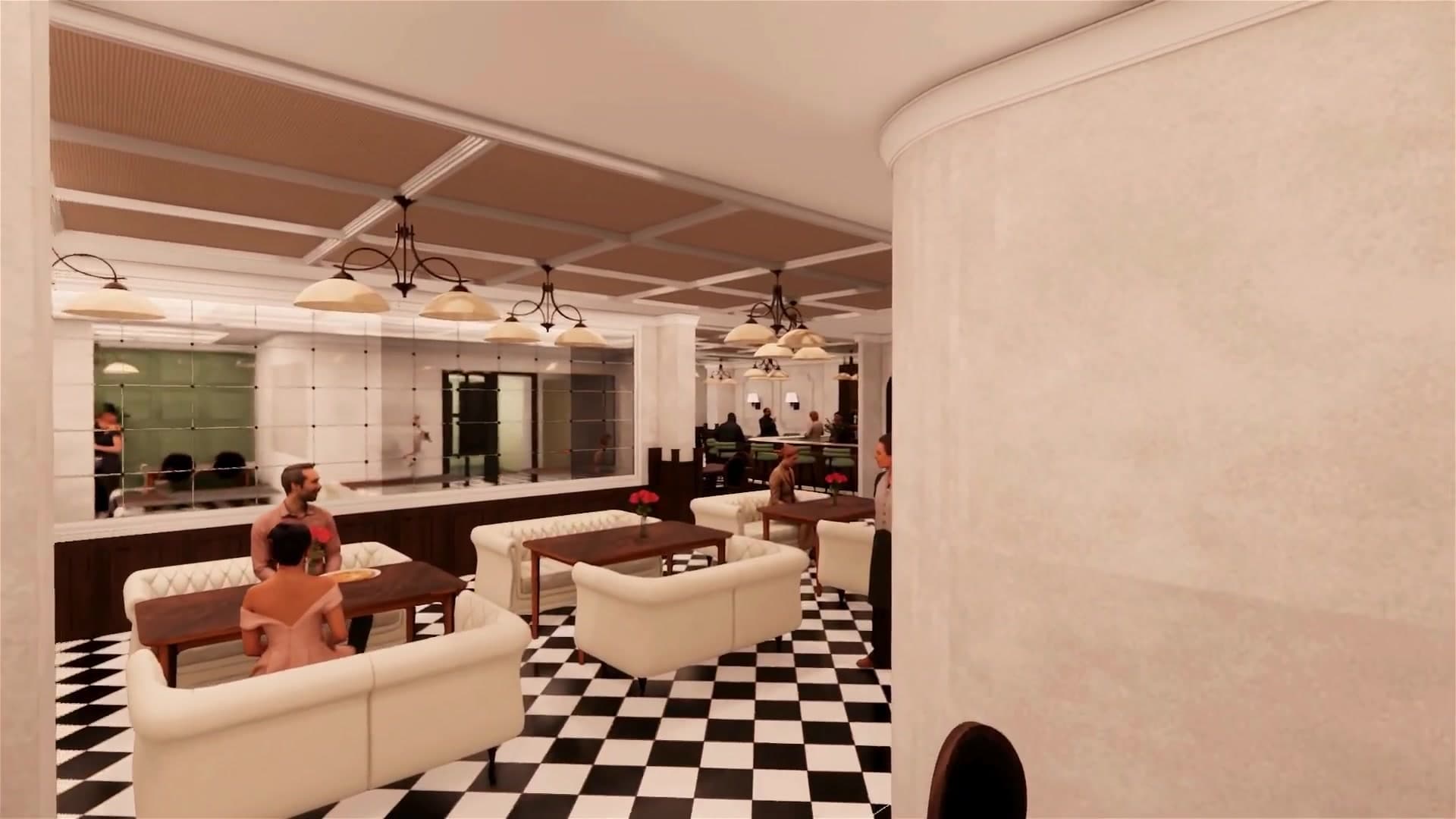 Restaurant dining area with white sofas and mirror wall