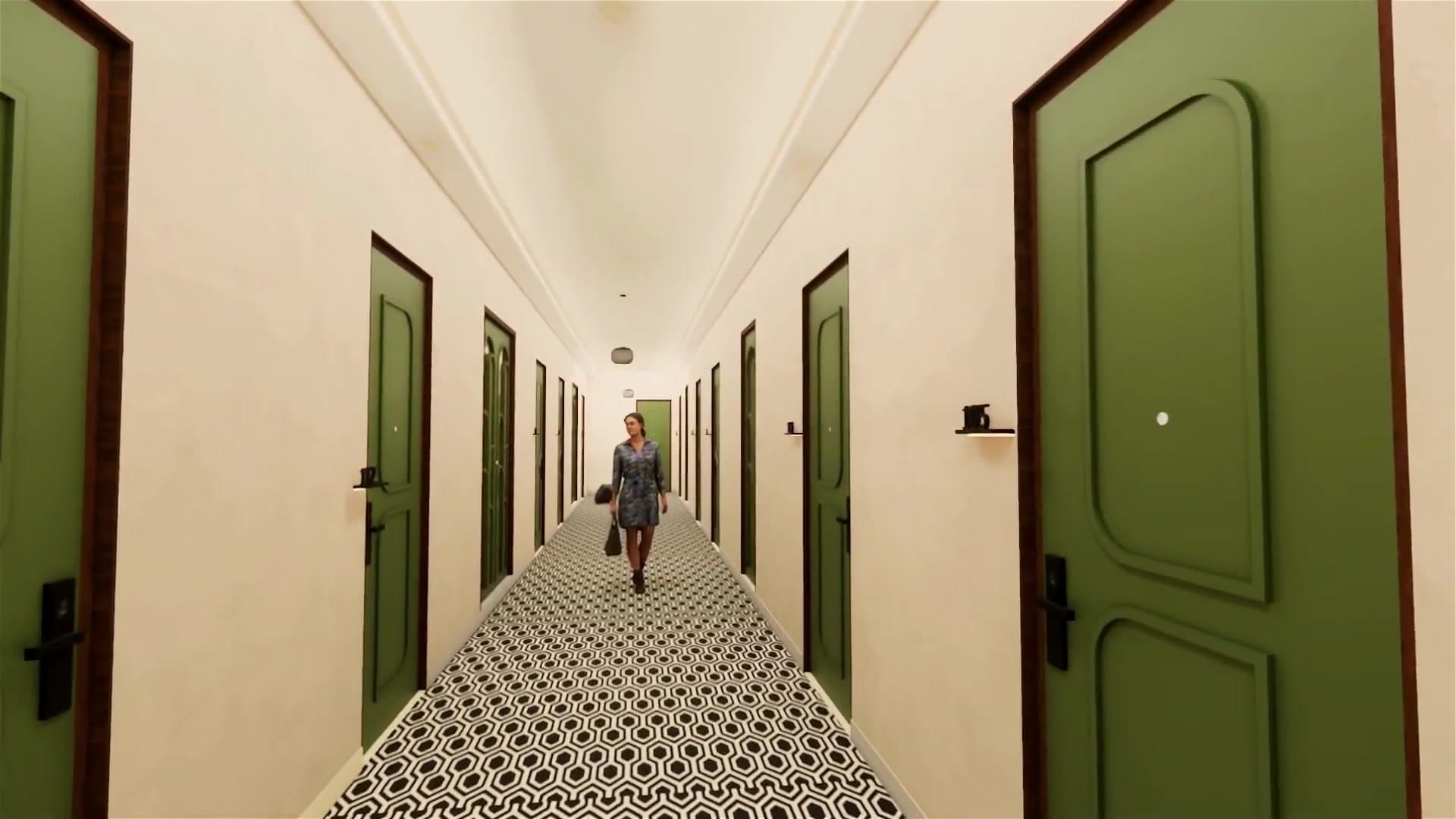 Room corridor with green doors and geometric floor pattern