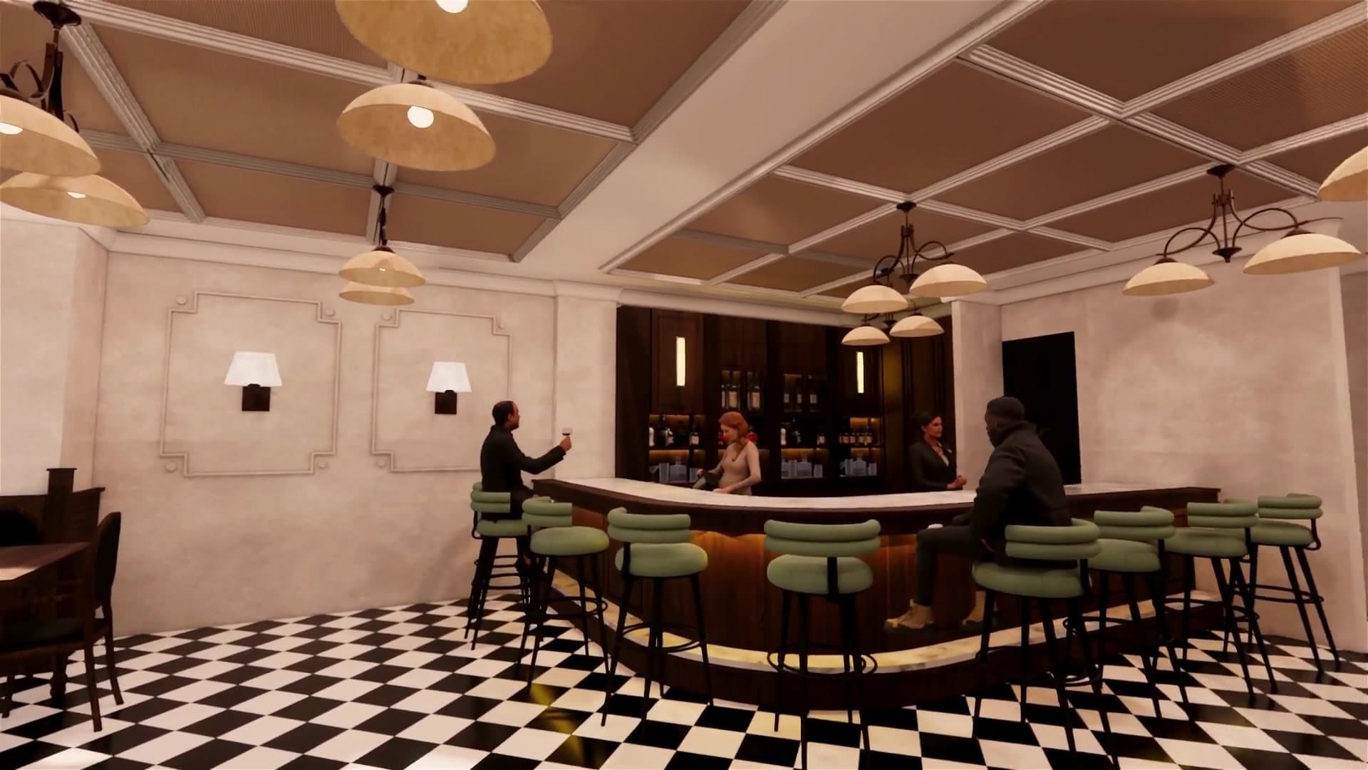 Sports bar with curved counter and checkered floor